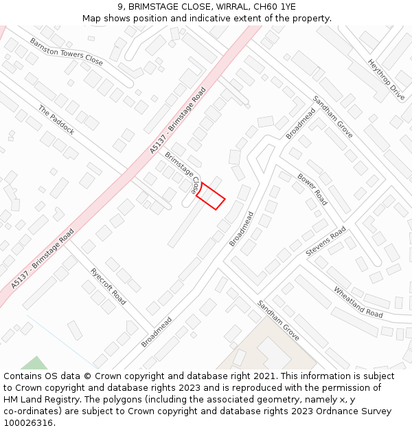 9, BRIMSTAGE CLOSE, WIRRAL, CH60 1YE: Location map and indicative extent of plot