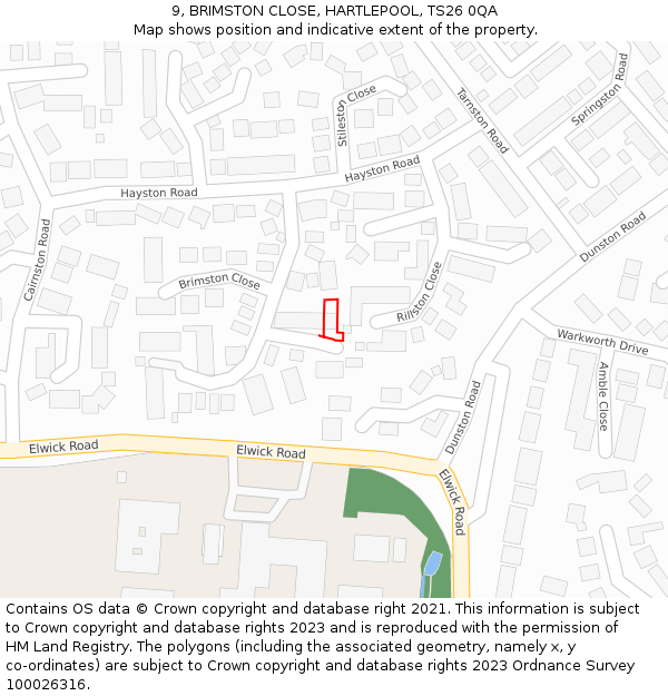 9, BRIMSTON CLOSE, HARTLEPOOL, TS26 0QA: Location map and indicative extent of plot