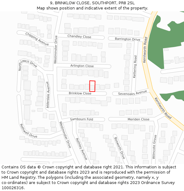 9, BRINKLOW CLOSE, SOUTHPORT, PR8 2SL: Location map and indicative extent of plot