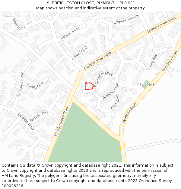 9, BRITICHESTON CLOSE, PLYMOUTH, PL9 9FF: Location map and indicative extent of plot