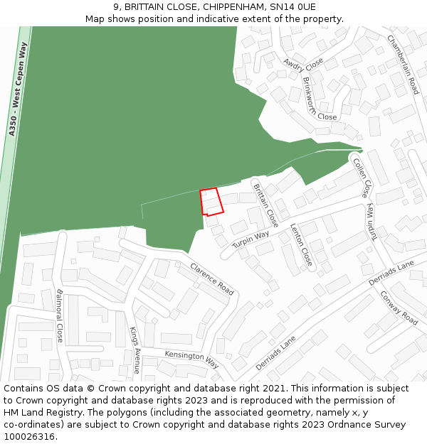 9, BRITTAIN CLOSE, CHIPPENHAM, SN14 0UE: Location map and indicative extent of plot