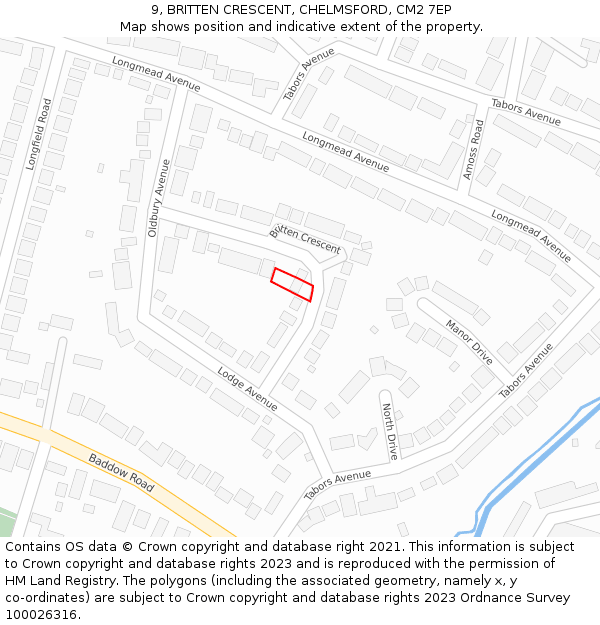 9, BRITTEN CRESCENT, CHELMSFORD, CM2 7EP: Location map and indicative extent of plot