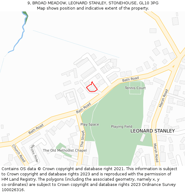 9, BROAD MEADOW, LEONARD STANLEY, STONEHOUSE, GL10 3PG: Location map and indicative extent of plot