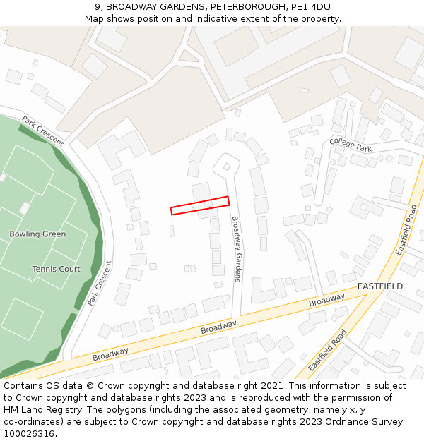 9, BROADWAY GARDENS, PETERBOROUGH, PE1 4DU: Location map and indicative extent of plot
