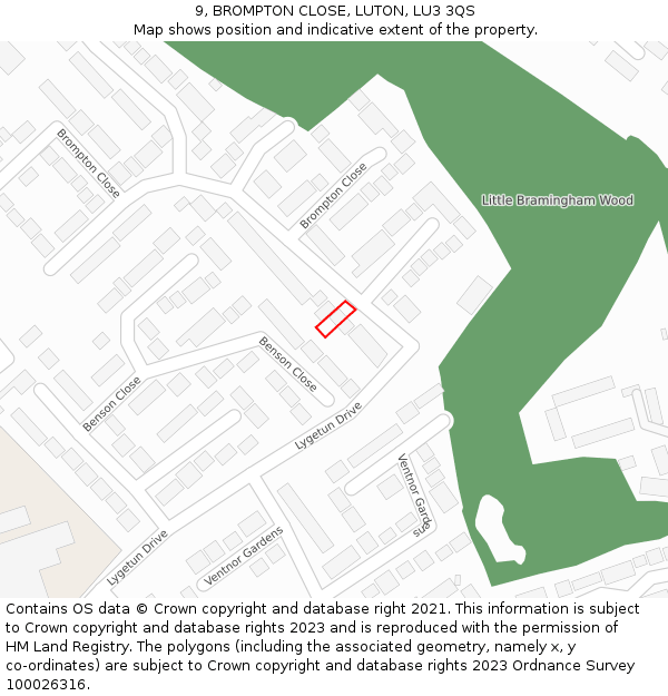 9, BROMPTON CLOSE, LUTON, LU3 3QS: Location map and indicative extent of plot