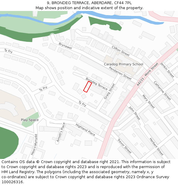 9, BRONDEG TERRACE, ABERDARE, CF44 7PL: Location map and indicative extent of plot