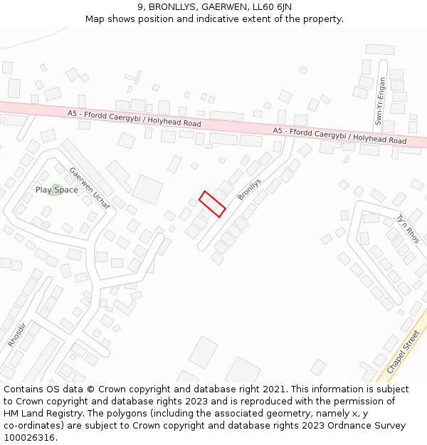 9, BRONLLYS, GAERWEN, LL60 6JN: Location map and indicative extent of plot