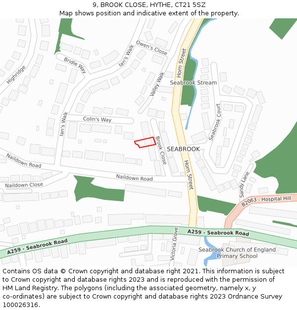 9, BROOK CLOSE, HYTHE, CT21 5SZ: Location map and indicative extent of plot