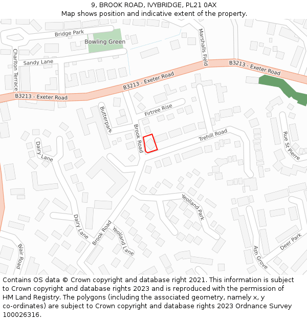 9, BROOK ROAD, IVYBRIDGE, PL21 0AX: Location map and indicative extent of plot