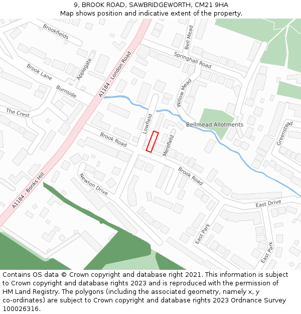 9, BROOK ROAD, SAWBRIDGEWORTH, CM21 9HA: Location map and indicative extent of plot