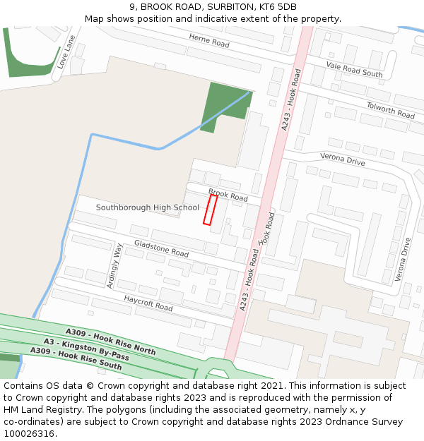 9, BROOK ROAD, SURBITON, KT6 5DB: Location map and indicative extent of plot