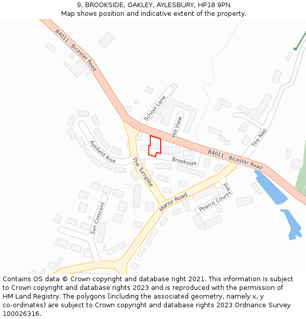 9, BROOKSIDE, OAKLEY, AYLESBURY, HP18 9PN: Location map and indicative extent of plot