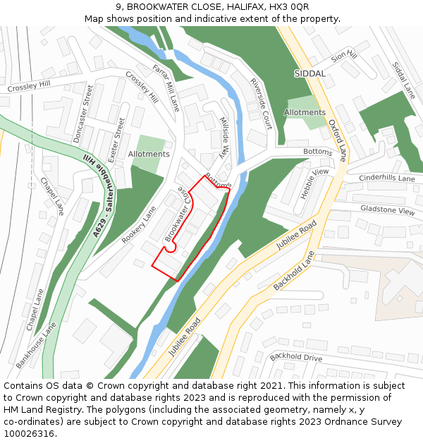 9, BROOKWATER CLOSE, HALIFAX, HX3 0QR: Location map and indicative extent of plot