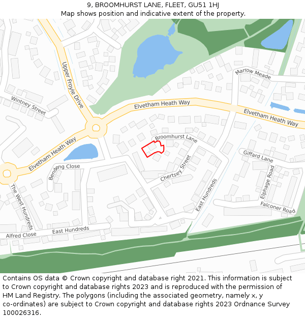 9, BROOMHURST LANE, FLEET, GU51 1HJ: Location map and indicative extent of plot