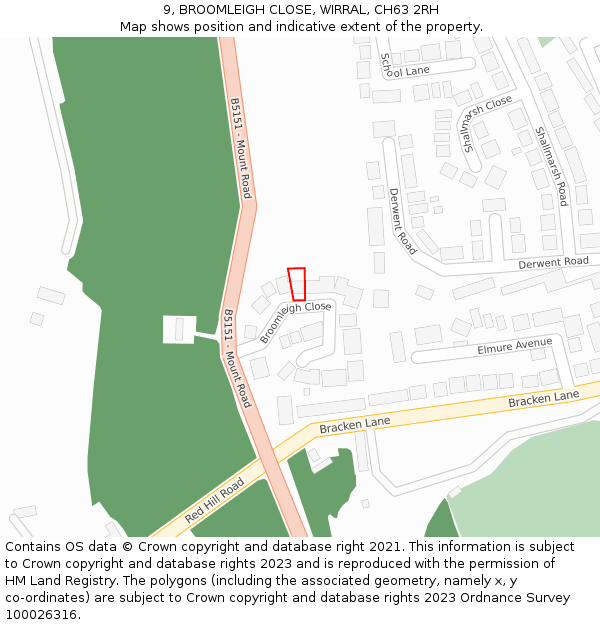 9, BROOMLEIGH CLOSE, WIRRAL, CH63 2RH: Location map and indicative extent of plot
