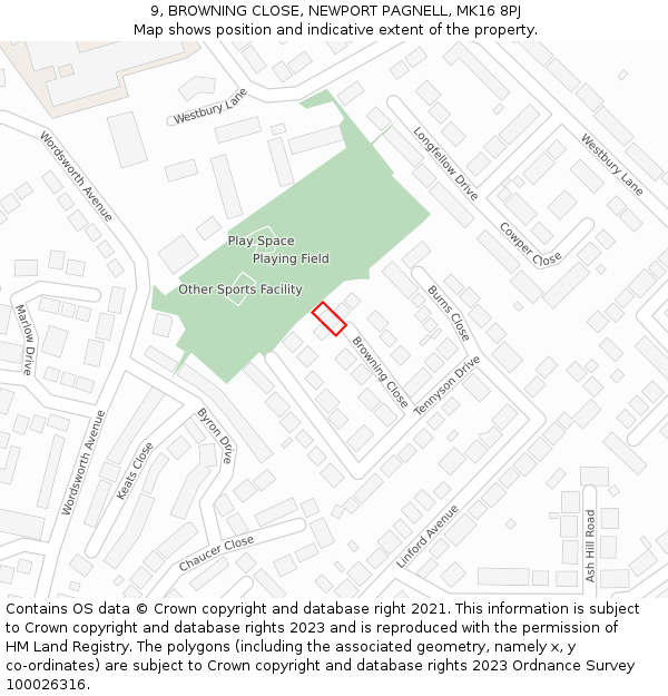 9, BROWNING CLOSE, NEWPORT PAGNELL, MK16 8PJ: Location map and indicative extent of plot