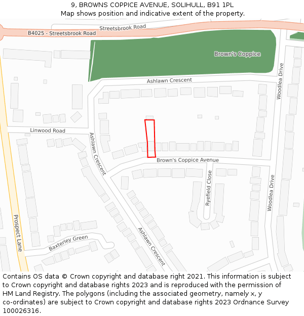 9, BROWNS COPPICE AVENUE, SOLIHULL, B91 1PL: Location map and indicative extent of plot