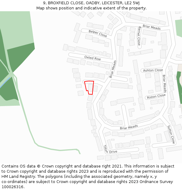 9, BROXFIELD CLOSE, OADBY, LEICESTER, LE2 5WJ: Location map and indicative extent of plot