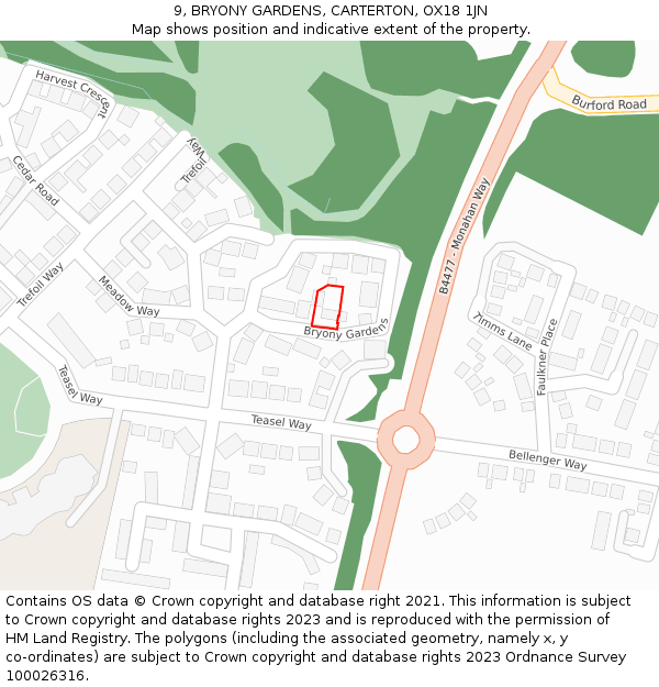 9, BRYONY GARDENS, CARTERTON, OX18 1JN: Location map and indicative extent of plot