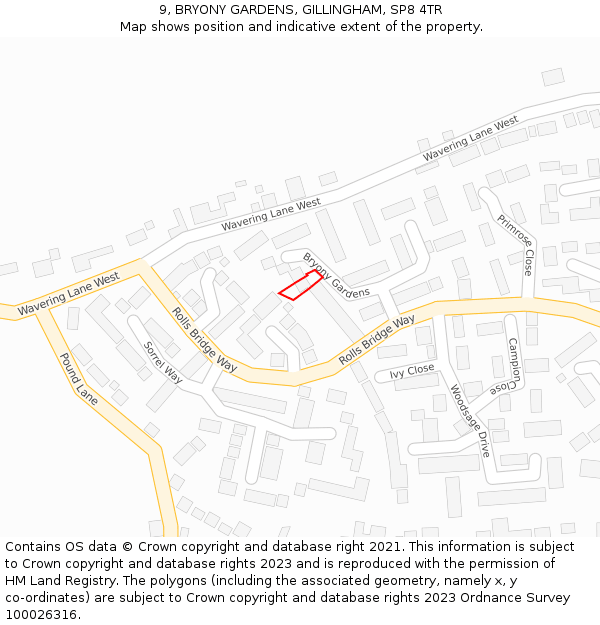 9, BRYONY GARDENS, GILLINGHAM, SP8 4TR: Location map and indicative extent of plot