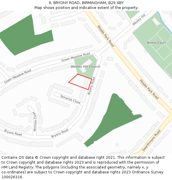 9, BRYONY ROAD, BIRMINGHAM, B29 4BY: Location map and indicative extent of plot