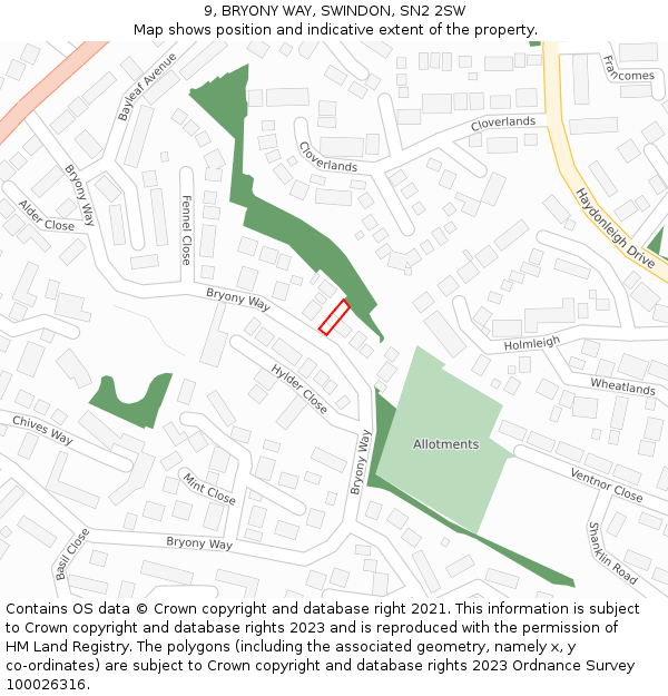 9, BRYONY WAY, SWINDON, SN2 2SW: Location map and indicative extent of plot