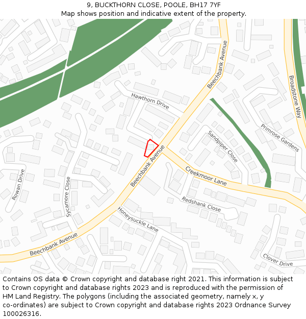 9, BUCKTHORN CLOSE, POOLE, BH17 7YF: Location map and indicative extent of plot