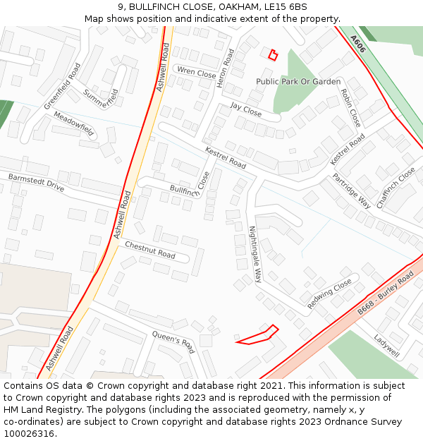 9, BULLFINCH CLOSE, OAKHAM, LE15 6BS: Location map and indicative extent of plot