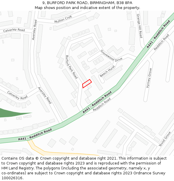 9, BURFORD PARK ROAD, BIRMINGHAM, B38 8PA: Location map and indicative extent of plot