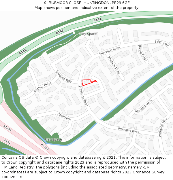 9, BURMOOR CLOSE, HUNTINGDON, PE29 6GE: Location map and indicative extent of plot
