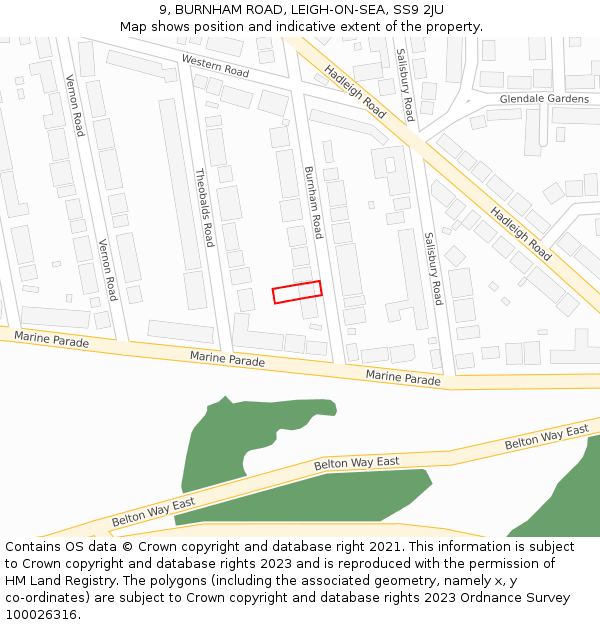 9, BURNHAM ROAD, LEIGH-ON-SEA, SS9 2JU: Location map and indicative extent of plot