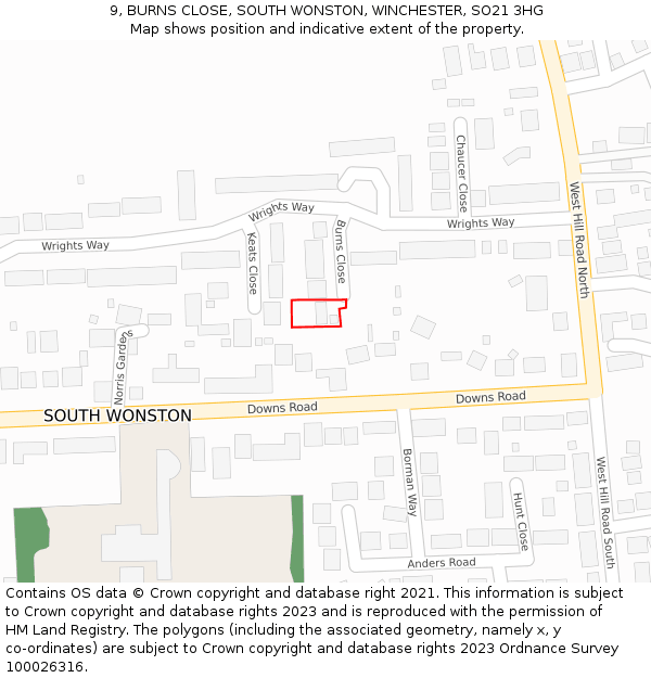 9, BURNS CLOSE, SOUTH WONSTON, WINCHESTER, SO21 3HG: Location map and indicative extent of plot