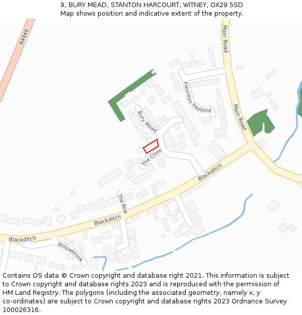 9, BURY MEAD, STANTON HARCOURT, WITNEY, OX29 5SD: Location map and indicative extent of plot