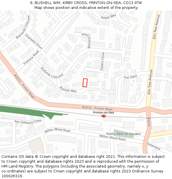 9, BUSHELL WAY, KIRBY CROSS, FRINTON-ON-SEA, CO13 0TW: Location map and indicative extent of plot