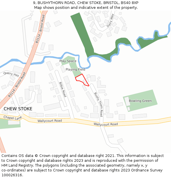 9, BUSHYTHORN ROAD, CHEW STOKE, BRISTOL, BS40 8XP: Location map and indicative extent of plot