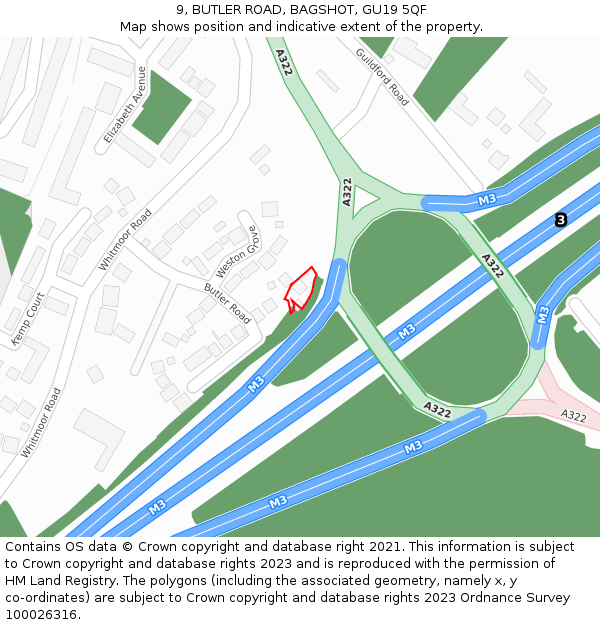 9, BUTLER ROAD, BAGSHOT, GU19 5QF: Location map and indicative extent of plot