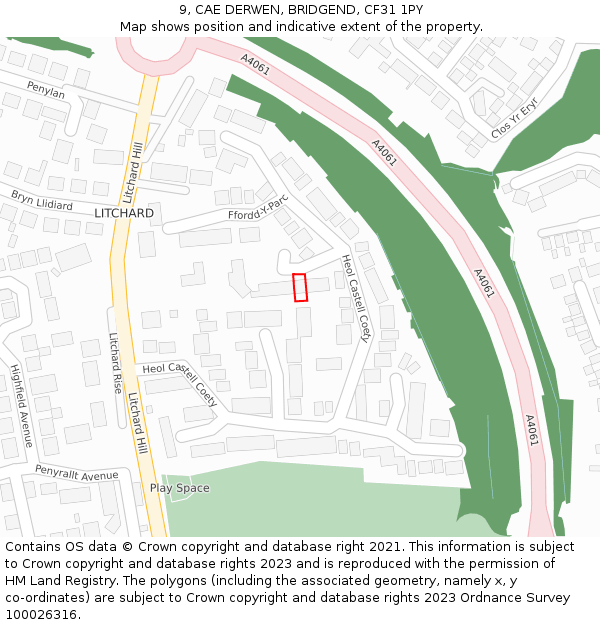 9, CAE DERWEN, BRIDGEND, CF31 1PY: Location map and indicative extent of plot