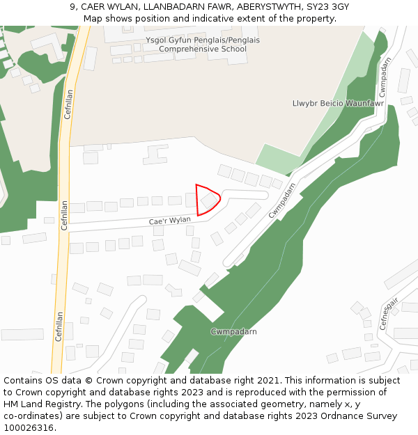 9, CAER WYLAN, LLANBADARN FAWR, ABERYSTWYTH, SY23 3GY: Location map and indicative extent of plot