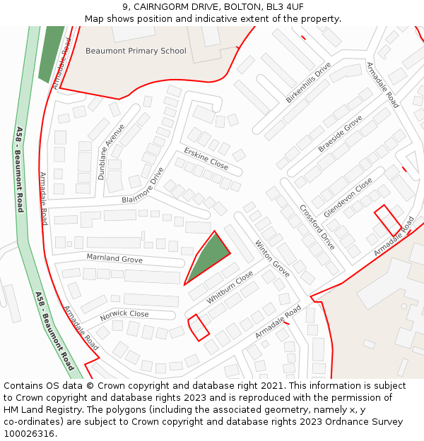 9, CAIRNGORM DRIVE, BOLTON, BL3 4UF: Location map and indicative extent of plot