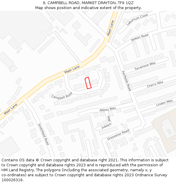 9, CAMPBELL ROAD, MARKET DRAYTON, TF9 1QZ: Location map and indicative extent of plot