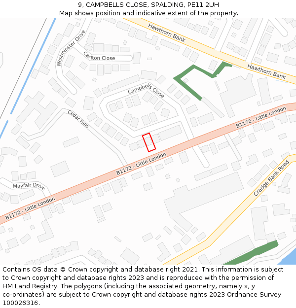 9, CAMPBELLS CLOSE, SPALDING, PE11 2UH: Location map and indicative extent of plot