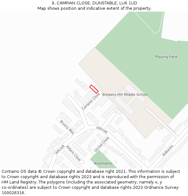 9, CAMPIAN CLOSE, DUNSTABLE, LU6 1UD: Location map and indicative extent of plot