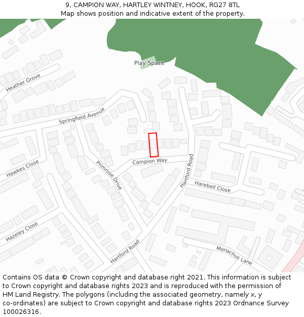 9, CAMPION WAY, HARTLEY WINTNEY, HOOK, RG27 8TL: Location map and indicative extent of plot