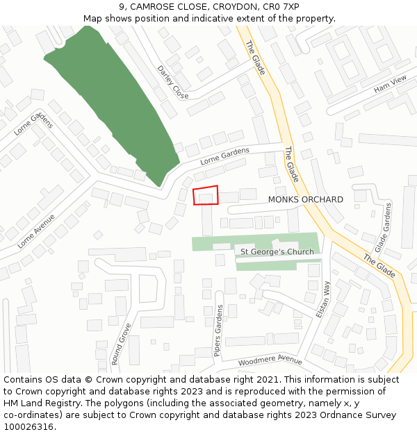 9, CAMROSE CLOSE, CROYDON, CR0 7XP: Location map and indicative extent of plot
