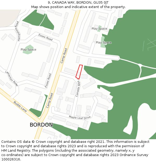 9, CANADA WAY, BORDON, GU35 0JT: Location map and indicative extent of plot