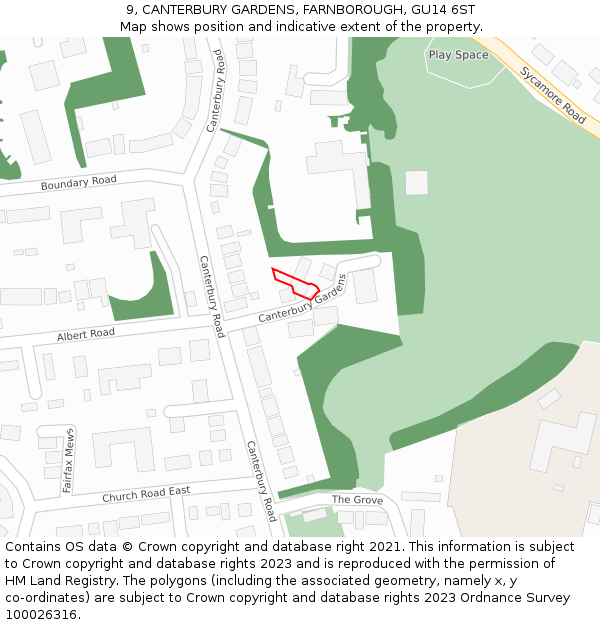 9, CANTERBURY GARDENS, FARNBOROUGH, GU14 6ST: Location map and indicative extent of plot
