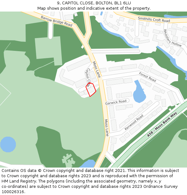 9, CAPITOL CLOSE, BOLTON, BL1 6LU: Location map and indicative extent of plot