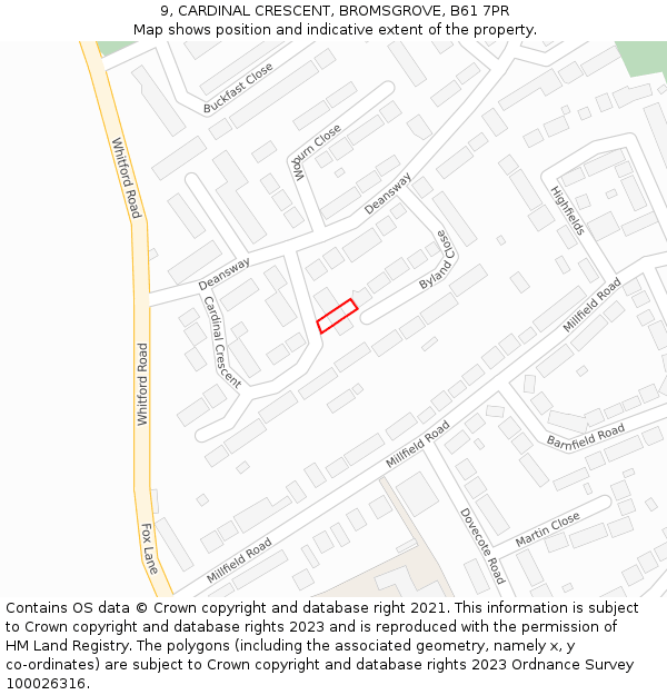 9, CARDINAL CRESCENT, BROMSGROVE, B61 7PR: Location map and indicative extent of plot