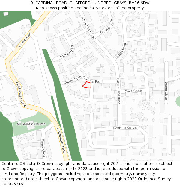 9, CARDINAL ROAD, CHAFFORD HUNDRED, GRAYS, RM16 6DW: Location map and indicative extent of plot