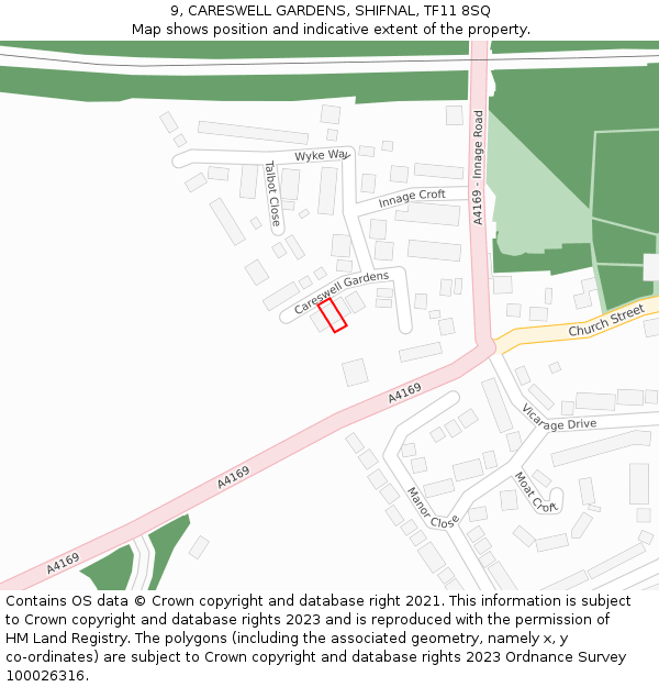 9, CARESWELL GARDENS, SHIFNAL, TF11 8SQ: Location map and indicative extent of plot
